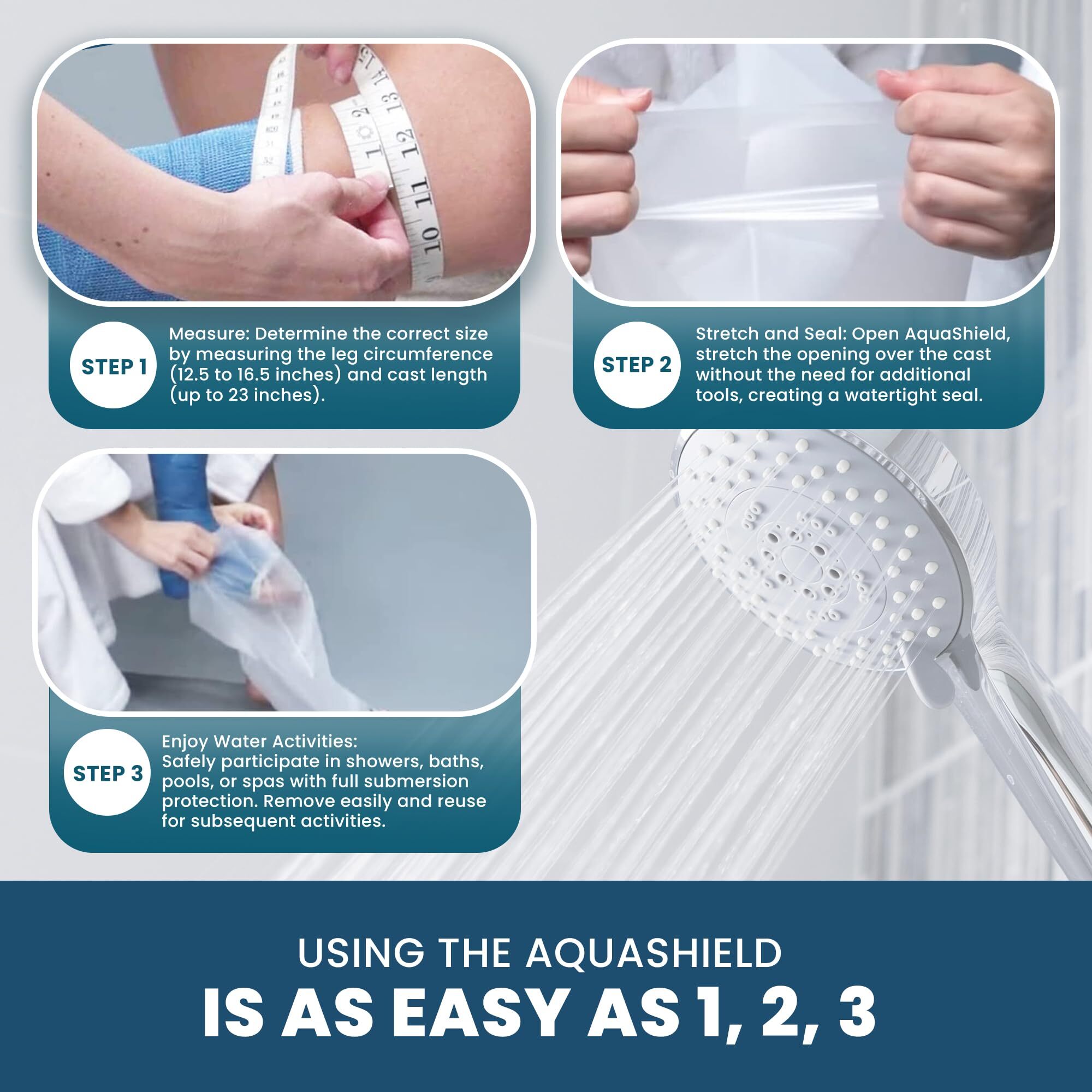 Instructional graphic demonstrating how to use the AquaShield waterproof cast protector for showering, bathing, and water activities during orthopedic recovery. The image shows measuring for proper fit, stretching the waterproof seal over a cast, and safely using the reusable latex-free cover to keep casts and bandages dry.