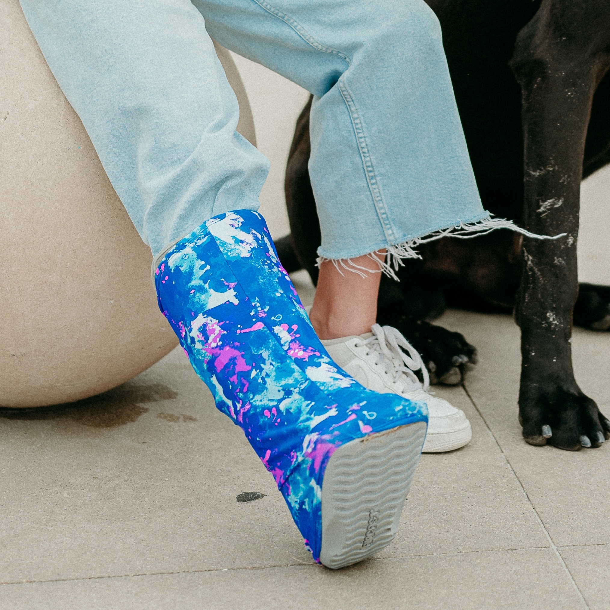 colorful cover for a walking boot outside