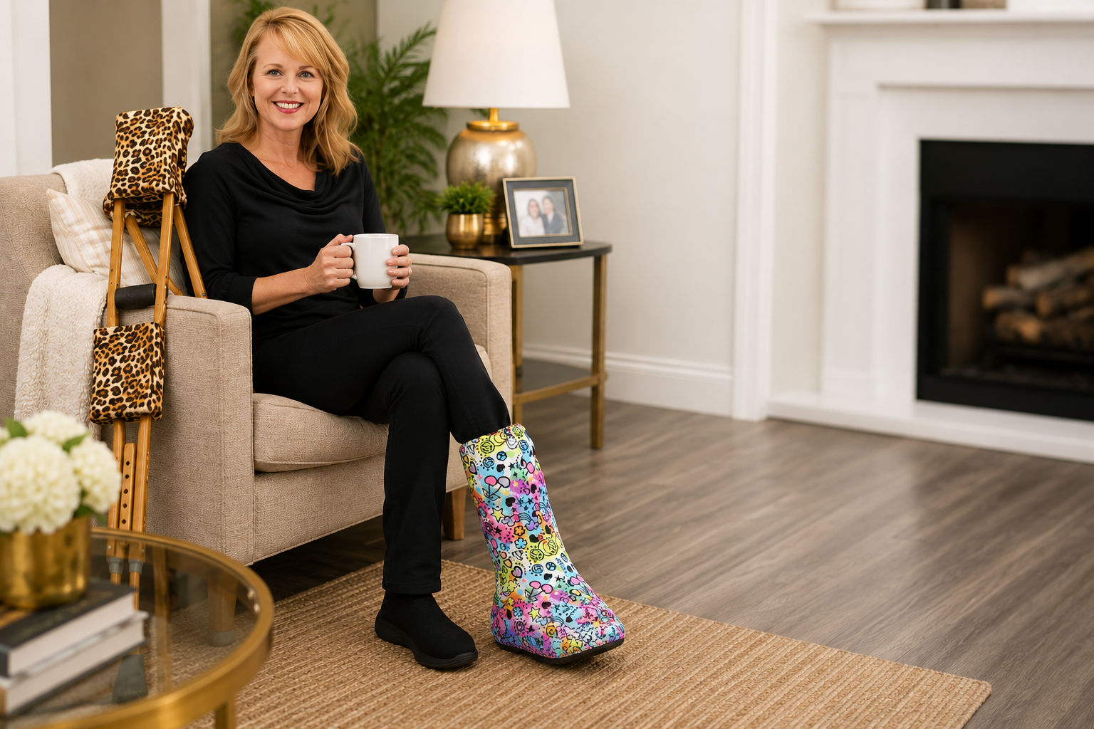 Comfortable Recovery at Home with a Walking Boot Cover Woman relaxing in a living room while wearing a multi colored boot cover