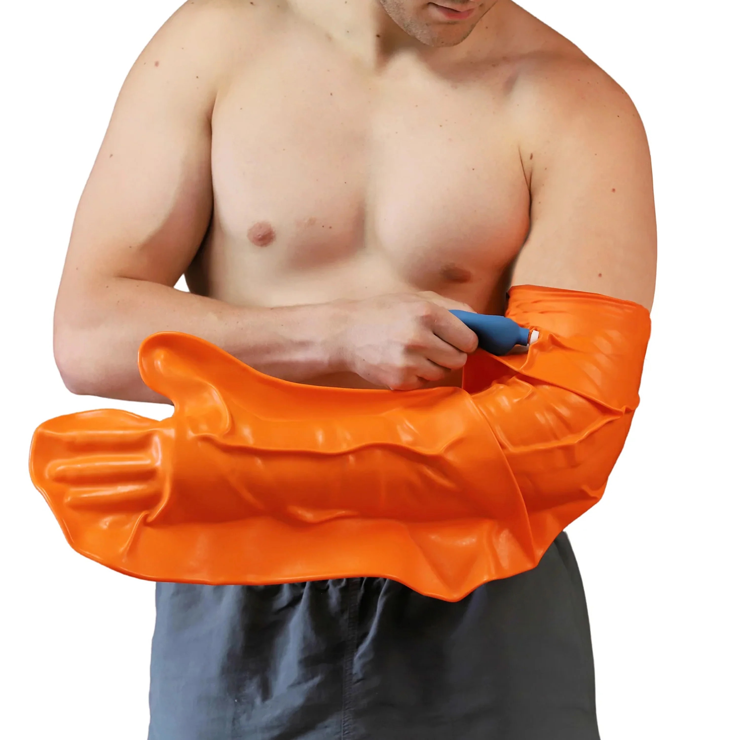Person wearing an orange DRYPRO&reg; waterproof arm cast protector designed to help keep casts and bandages dry during rain, showers, and outdoor recovery activities.