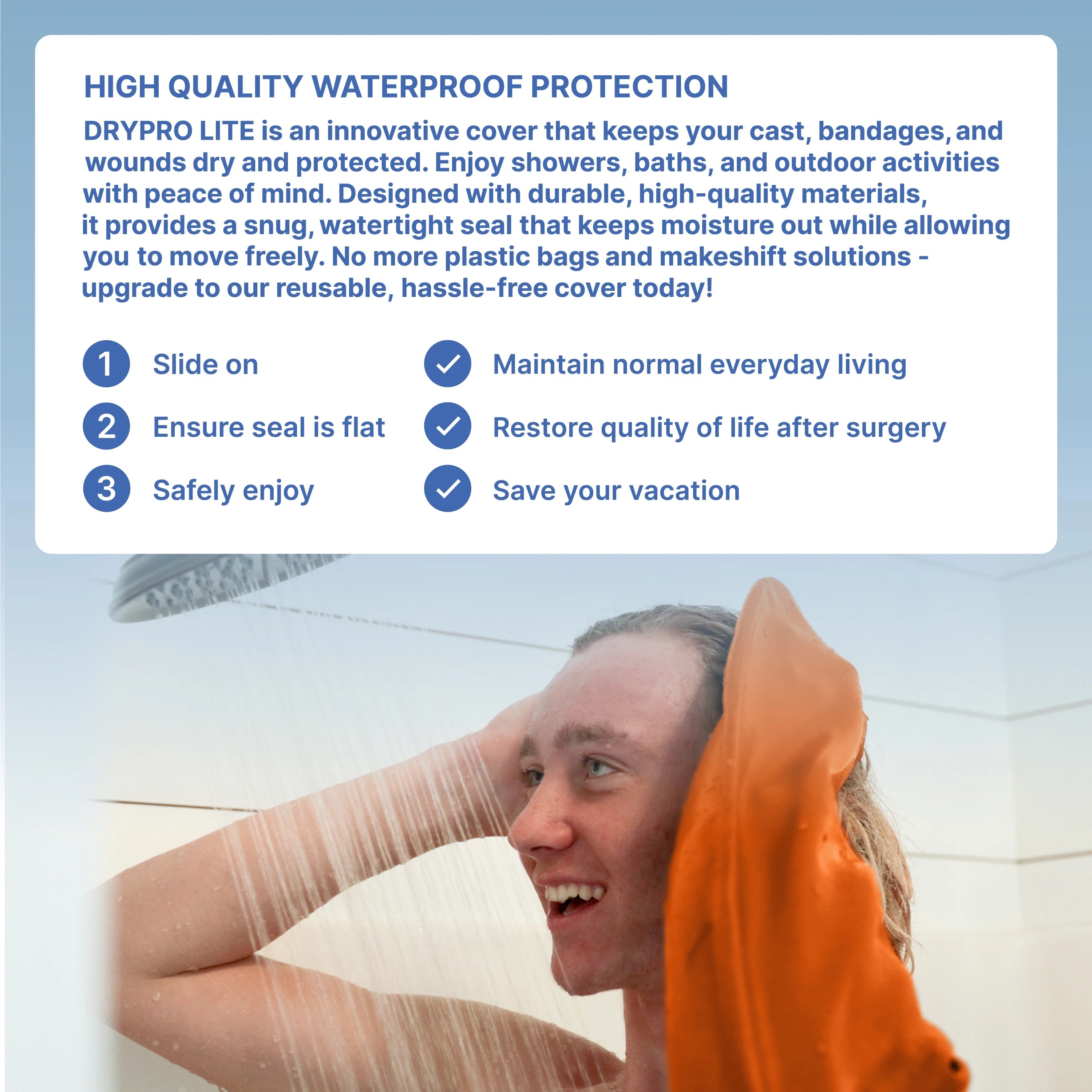 Lifestyle image of a person showering while wearing an orange waterproof cast cover designed to keep casts, bandages, and wounds dry during orthopedic recovery. The image highlights comfortable shower protection and everyday waterproof recovery solutions.
