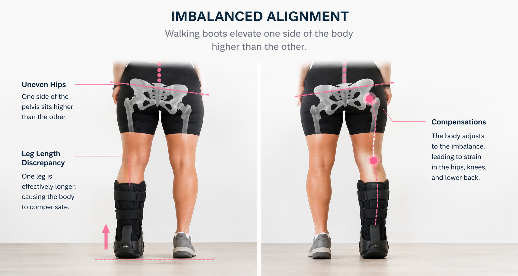 Illustration showing how a walking boot elevates one side of the body higher than the other, creating uneven walking alignment and leg length discrepancy that may contribute to hip, knee, and lower back pain during orthopedic recovery.