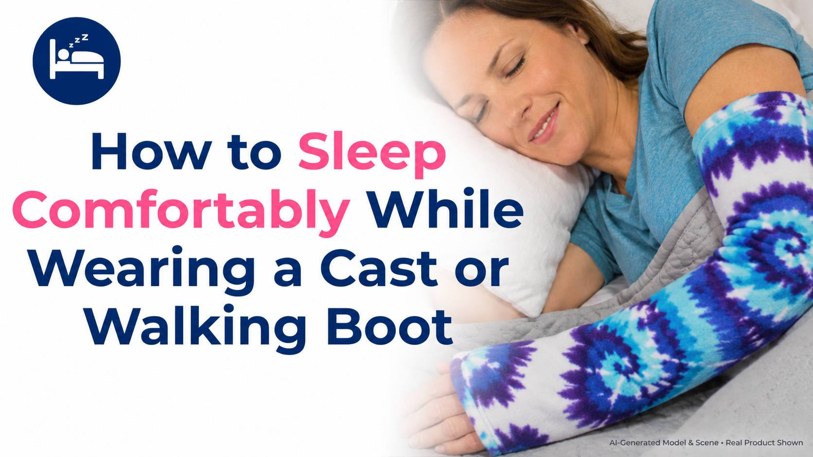 How to Sleep Comfortably While Wearing a Cast or Walking Boot Cozy bedroom lifestyle image of a woman resting comfortably in bed while wearing a soft blue and purple tie-dye Armzzz! arm cast sleeping cover. The image highlights nighttime orthopedic recovery comfort, warmth, and protection from rough cast irritation while sleeping.