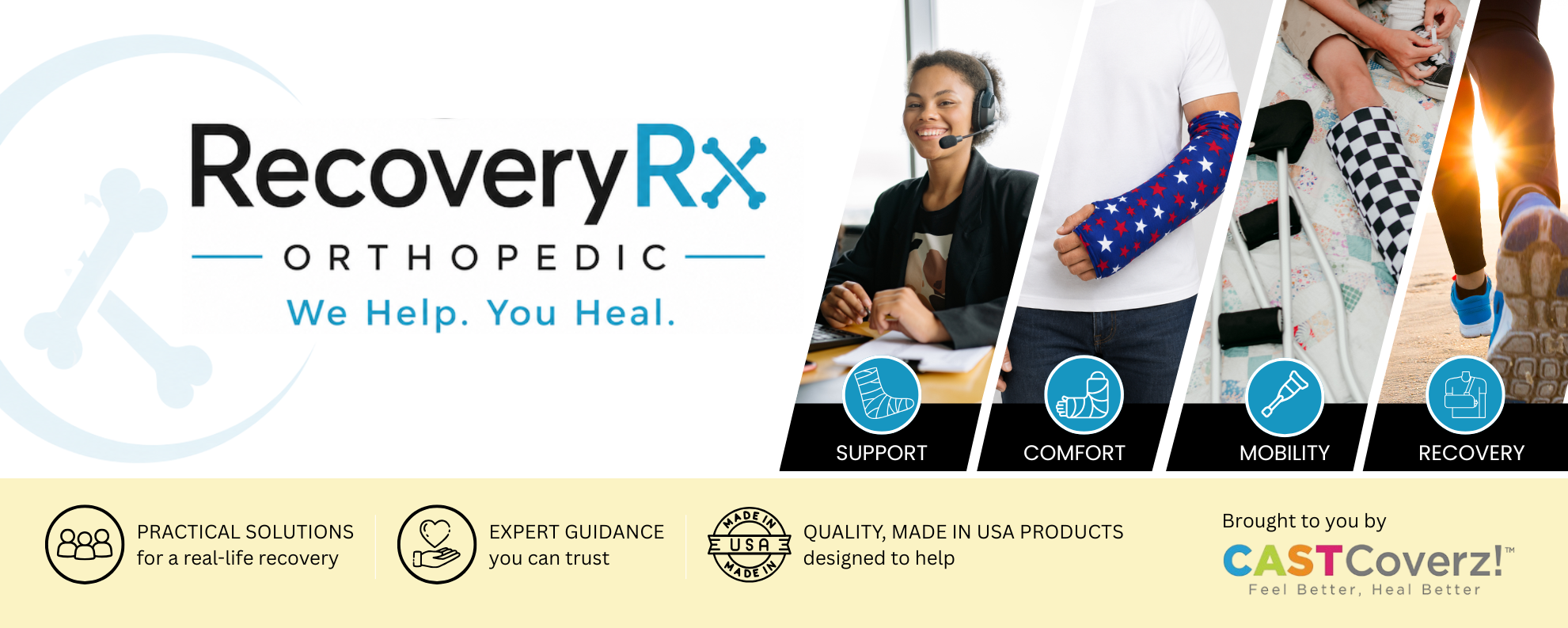 RecoveryRx Orthopedic by CastCoverz featuring orthopedic recovery support for casts, walking boots, slings, crutches, mobility, comfort, and healing at home with the message We Help. You Heal.