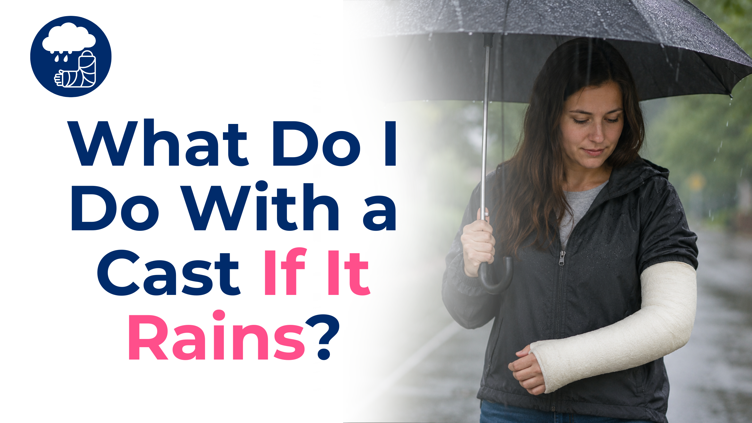 Woman standing outdoors in the rain holding a black umbrella while wearing a white arm cast and dark rain jacket. The image represents weather-related orthopedic recovery challenges and the importance of protecting casts from moisture and rain exposure.
