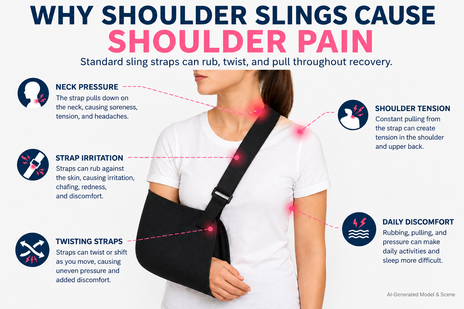 Educational illustration showing how standard shoulder sling straps can rub, twist, and pull against the neck and shoulder, causing irritation and discomfort during orthopedic recovery.