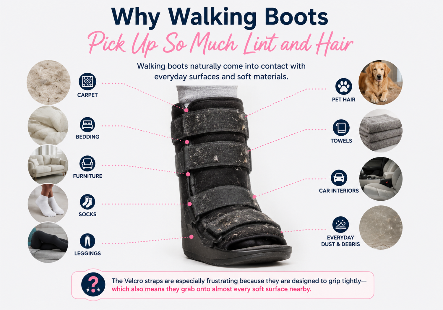 Infographic showing why walking boots collect lint, pet hair, dust, and debris from everyday surfaces including carpet, bedding, furniture, socks, towels, and car interiors due to sticky Velcro straps.